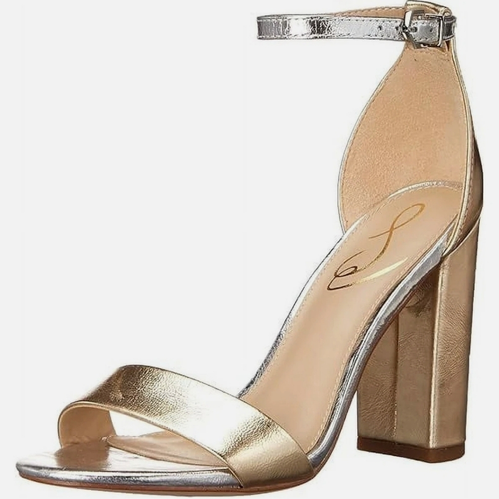 Sam Edelman Light Gold Leather Yaro Block Heel Ankle Strap Sandals NWB Size 5m - Picture 2 of 11